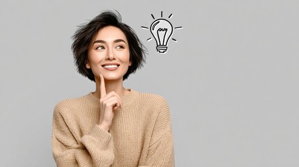 Young woman with short hair wearing a cozy beige sweater, smiling and pondering an idea, with a lightbulb illustration above her head, representing creativity and inspiration in a minimalist setting