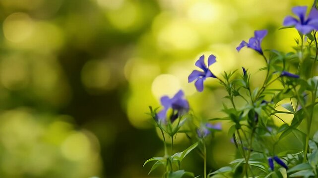 Close Up of Blue Periwinkle Flowers and Green Leaves with Bokeh Background in Bright Daylight