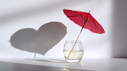 Glass of clear liquid with a small red umbrella casting a heart-shaped shadow on a white surface, creating a romantic and playful atmosphere, ideal for summer-themed designs and concepts