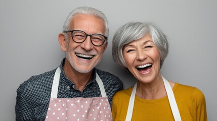 Happy elderly couple wearing aprons, smiling broadly against a neutral background, showcasing joy and connection, embodying love and companionship in a warm, inviting atmosphere