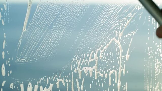 Squeegee cleaning soapy window, sunlit streak-free shine.