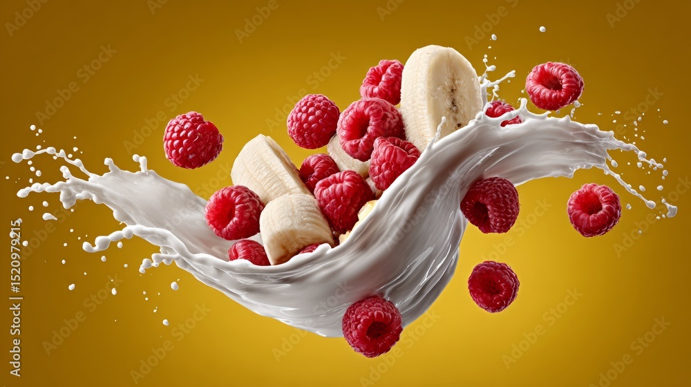 Poster fresh raspberries and banana slices splashing in creamy milk, creating dynamic motion against a vibr
