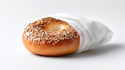 Freshly baked sesame bagel wrapped in white paper, showcasing its golden-brown crust and soft interior, ideal for breakfast or snack, highlighting deliciousness and culinary appeal