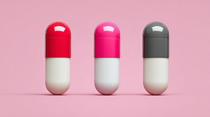 Colorful capsules in red, pink, and gray arranged in a row on a soft pink background, showcasing modern pharmaceutical design and vibrant aesthetics for health and wellness concepts