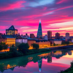 Fototapeta premium Vibrant pink sunset over city skyline with river reflection