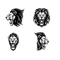 Four lion head silhouettes roaring isolated on transparent background isolated on transparent background