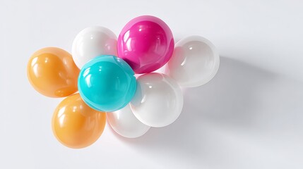 Colorful balloons in various shades of pink, orange, white, and blue are floating together against a soft gray background, creating a festive and cheerful atmosphere for celebrations and events