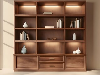 Bookshelf Displaying Books and Vases with Under Cabinet Lighting Detail