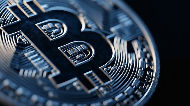 Close-up macro of bitcoin surface, Detailed cryptocurrency design, Great for blockchain, crypto news or fintech blogs