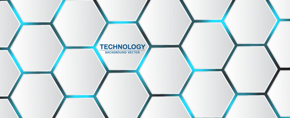 White 3d hexagonal technology vector abstract background. Blue bright energy flashes under hexagon in modern technology futuristic background vector illustration. White honeycomb texture grid.