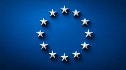 EU stars on blue background, 3D circle of white stars symbolizing EU, Ideal for European Union or political concept visuals