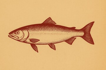 Detailed Red Salmon Illustration Vintage Style Fish Drawing Aquatic Animal Engraved Reddish Brown Background Ocean Life Seafood Graphic Design Element Retro Fish Image Perfect for Restaurant Menu     