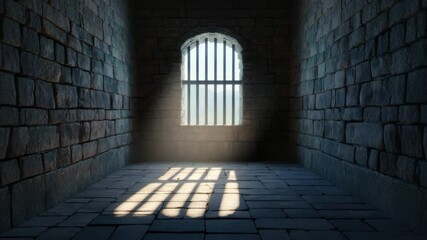 Dimly lit stone prison cell with barred window casting shadow and light on empty floor, evoking dark solitude, confinement, and isolation in cold, empty space - Powered by Adobe