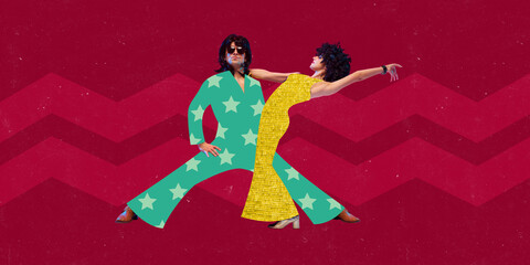 Conceptual art collage. Retro styled dancing couple in colorful disco costumes against bold red zigzag background. Concept of nostalgia, rhythm, vintage fashion and movement.