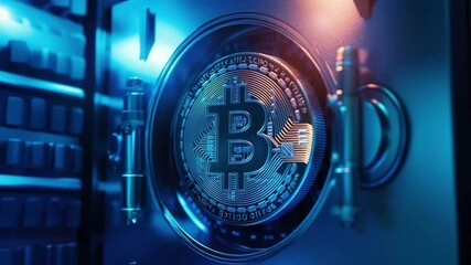 Cryptocurrency coin with bitcoin symbol inside secure metal vault door representing digital currency protection finance security and advanced blockchain technology in futuristic blue light - Powered by Adobe