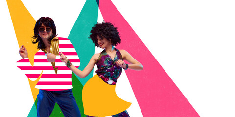 Conceptual art collage. Happy dancing duo in colorful striped and sparkly old-fashioned outfits...
