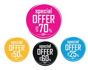 Special Offer Circle Labels  Up to 70% Off  Discount Tags Vector Set, Includes multiple variations such as up to 70%, 60%, 50%, and 25% off