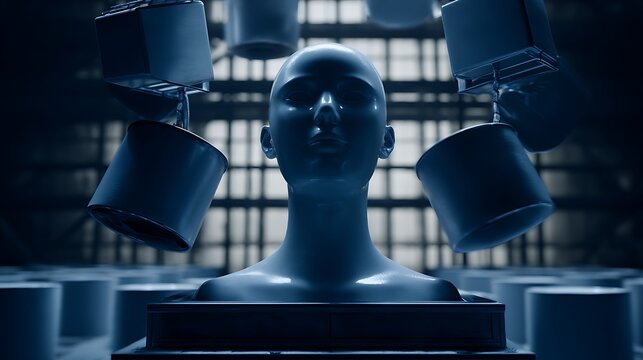 Blue mannequins and hanging metallic containers - Powered by Adobe