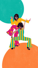 Conceptual art collage. Dynamic retro duo in bold colorful outfits with stripes and polka dots...