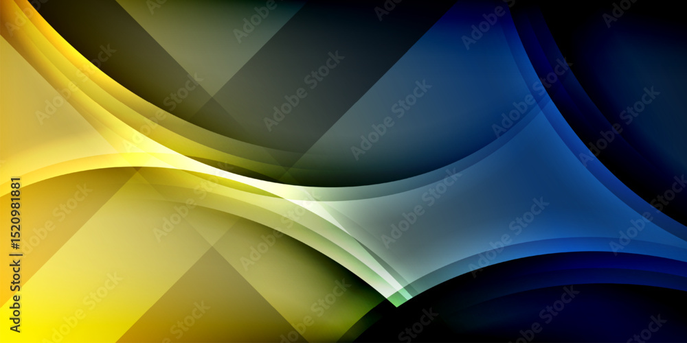 Poster abstract design features flowing shapes, vibrant colors, dark background. yellow, blue, gray element