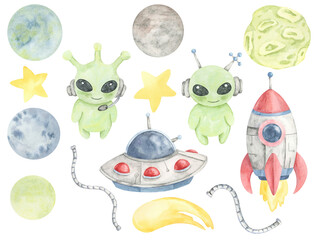 Green aliens with antennae, gray UFO with red lights, red rocket, yellow shooting star, and pastel planets in watercolor illustration. Clipart for Use in STEM kits, flashcards, or gift wrap