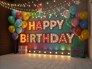 Colorful Happy Birthday banner with balloons and festive lights – Cartel colorido de Feliz Cumpleaños con globos y luces festivas Birthday Party Backdrop with Balloons