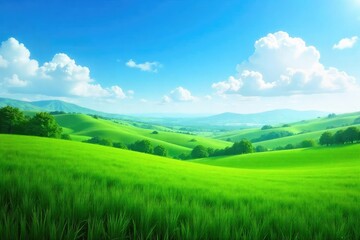 Obraz premium A serene, expansive landscape featuring a vast, clear sky above rolling hills and lush green fields Perfect for backgrounds requiring tranquility and natural beauty , grass, backdrop, panorama