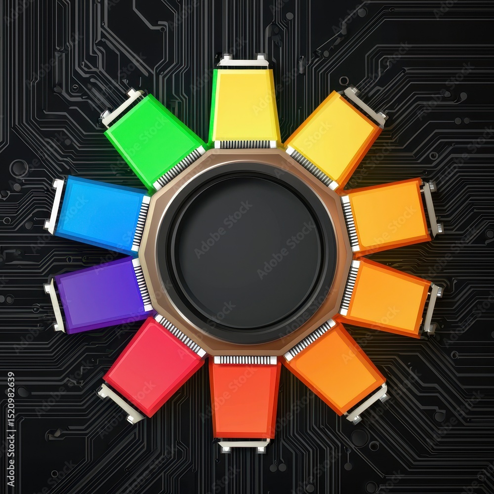 Poster abstract image of colorful connectors arranged in a circle on a dark circuit board background. the c