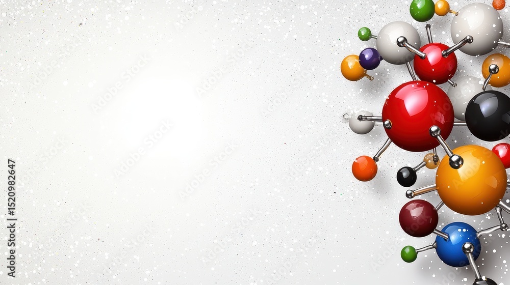 Poster abstract background with colorful spheres connected by metallic pins on a white textured surface. br