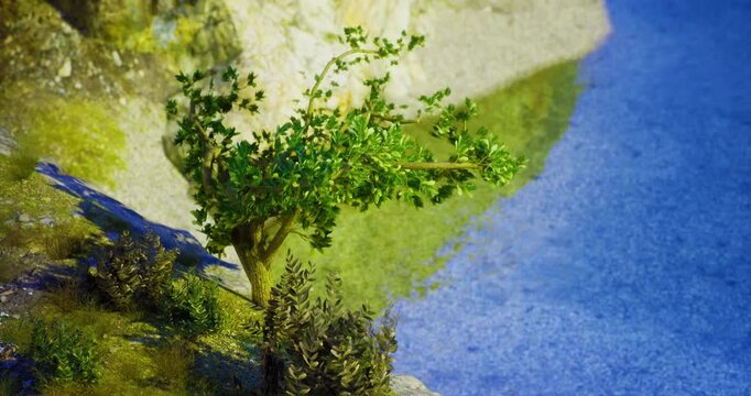 A vibrant green tree stands gracefully by the serene blue water, creating a peaceful atmosphere. Surrounding rocks and plants complement the lush landscape during daylight.