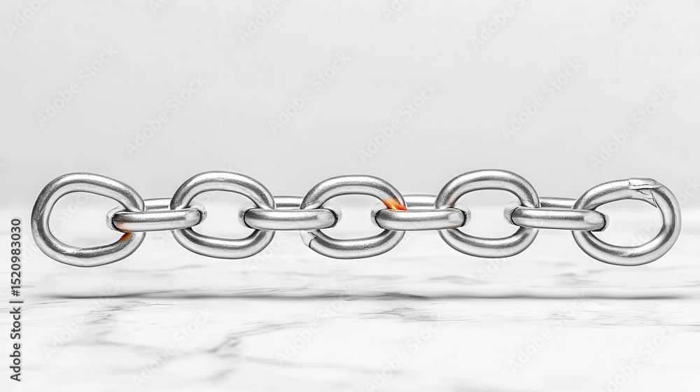 Poster silver chain links on white marble surface, one link is broken and shows orange inside. clean and si