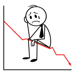 Depressed businessman crying on falling stock chart. Vector stick figure illustration showing financial crisis and economic downturn concept.