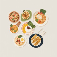 Minimal Cartoon Thai Street Food Set&ndash; No Faces, No Text