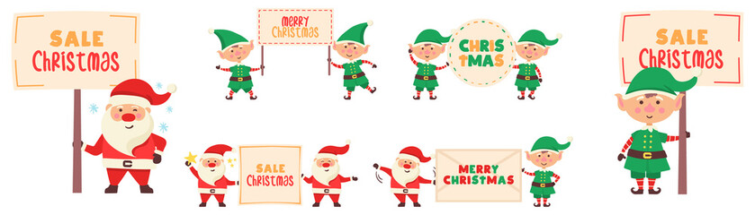 png christmas santa and reindeer cartoon icon set with holiday decoration cute character snow red present flat children celebration merry winter festival season illustration ornament graphic

