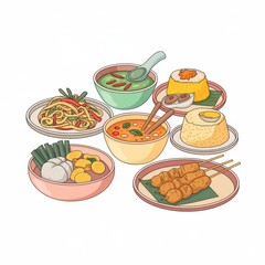 Minimal Cartoon Thai Street Food Set&ndash; No Faces, No Text