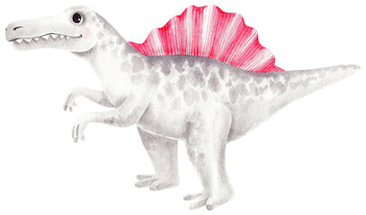 Cute gray spinosaurus with pink fin. Big sail and big teeth. Wild fantasy dinosaur. Isolated character. Watercolor work on paper. Handmade.