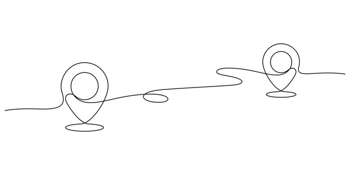 map gps location symbol one line drawing continuous minimalist. pin between two points mark place handdrawn single line illustration