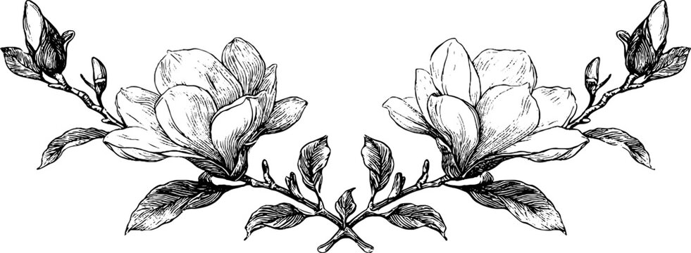 Symmetrical ornamental floral design with engraved magnolia flowers for artistic print