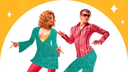 Creative modern artwork. Energetic couple retro duo dancing in sequin costumes with orange arc and shiny stars against white background. Concept of celebration, nostalgia and retro style.
