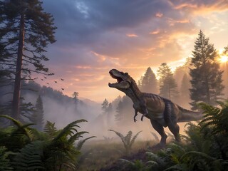 Fototapeta premium Tyrannosaurus rex walking through a misty forest at sunrise light 