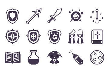 Fototapeta premium RPG Game Icon Set. Fantasy UI Pictogram Kit with Health Signs, Swords, Potions, Skills, Awards, Knight Weapons and Dungeon Dragon Elements. Vector Illustration
