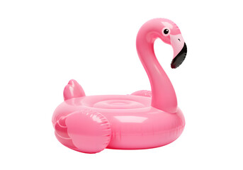 Flamingo print pink pool inflatable flamingo isolated on transparent background. PNG, symbolizing summer fun, relaxation, and vibrant poolside accessories, perfect for vacation and leisure visuals.