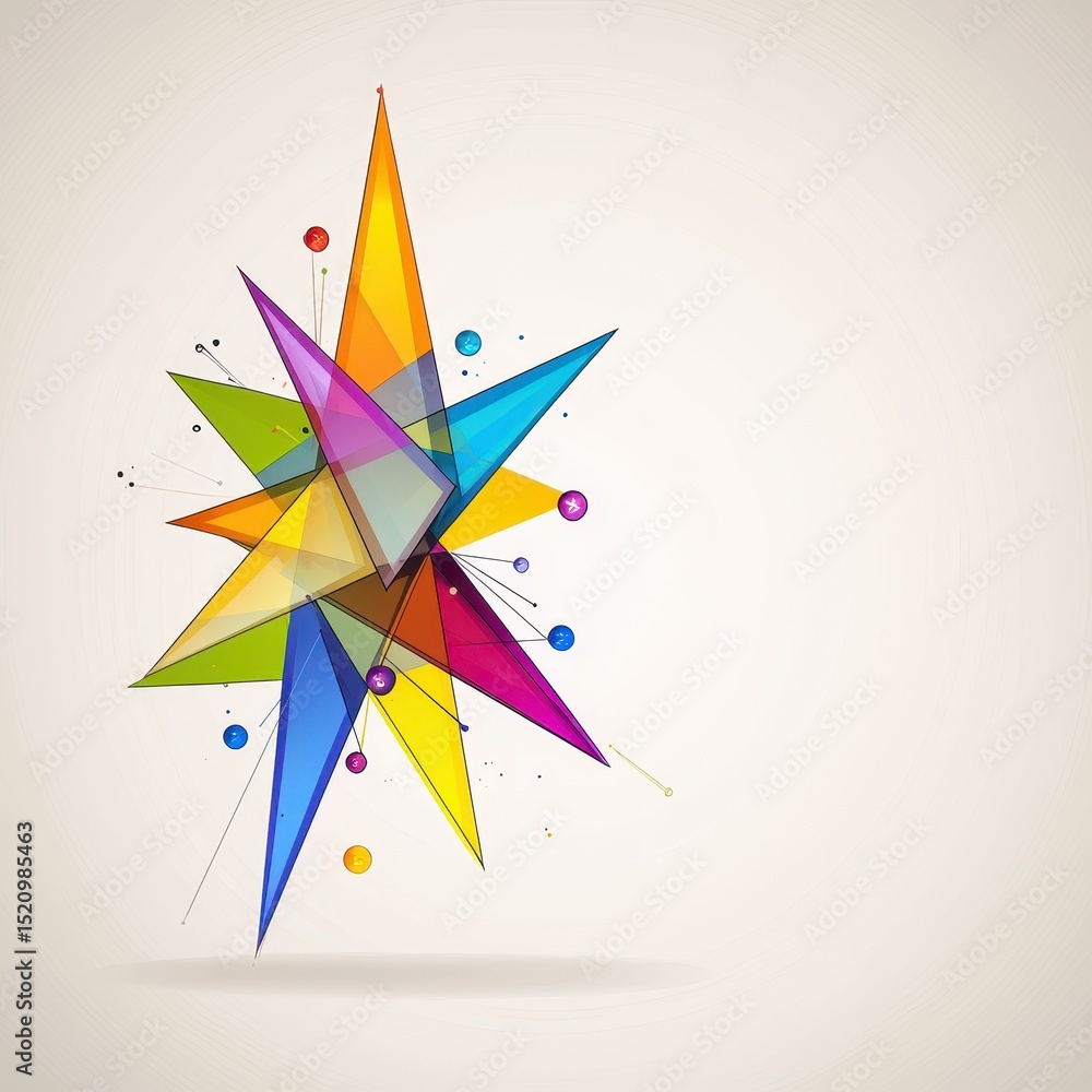 Poster abstract colorful starburst design with vibrant triangular elements and paint splatter on an off whi