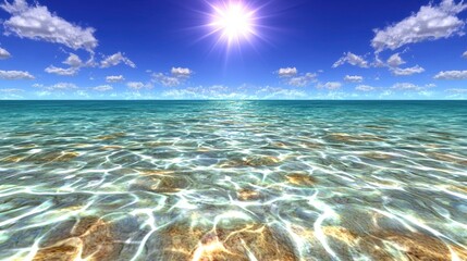 Clear turquoise water shimmers under a bright sun, with small waves gently lapping the sandy bottom. A mostly clear blue sky with a few fluffy white