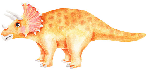 Orange triceratops with three horns. Calmly standing. Watercolor dinosaur for children. Cute isolated character. Handmade with paints on paper.