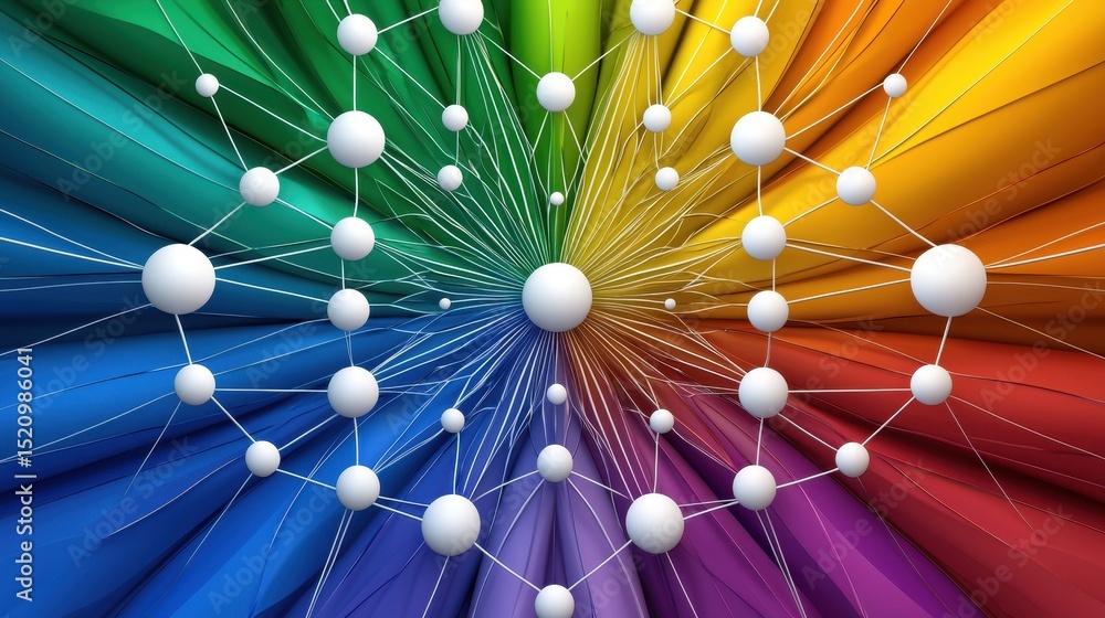 Poster Abstract rainbow background with white spheres connected by lines forming a network structure. Vivid colors and radiating lines create a dynamic