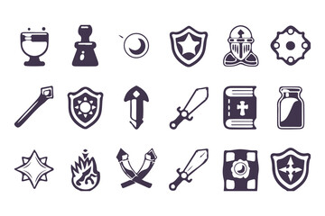 RPG Game Icon Set. Fantasy UI Pictogram Kit with Health Signs, Swords, Potions, Skills, Awards, Knight Weapons and Dungeon Dragon Elements. Vector Illustration