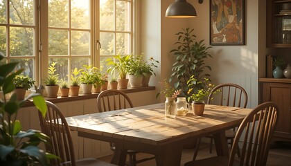 Modern cottage interior with a rustic wood table, spindle chairs, plants in mason jars on the sill, and patchy golden sunlight creating a cozy glow.