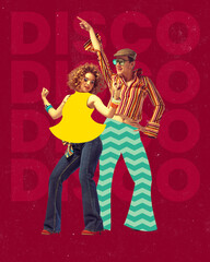 Modern collage poster. Dancing retro couple in yellow and striped vintage outfits against red DISCO...