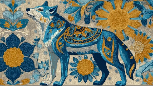 Regal wild dog surrounded by vivid flower motifs